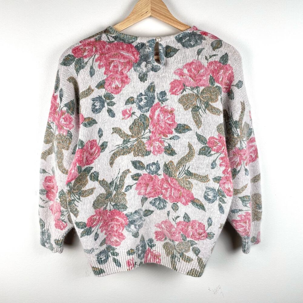 80s Vintage Sweater Womens M Floral Silk Angora Blend Fuzzy Knit Boxy Coquette - Picture 4 of 9